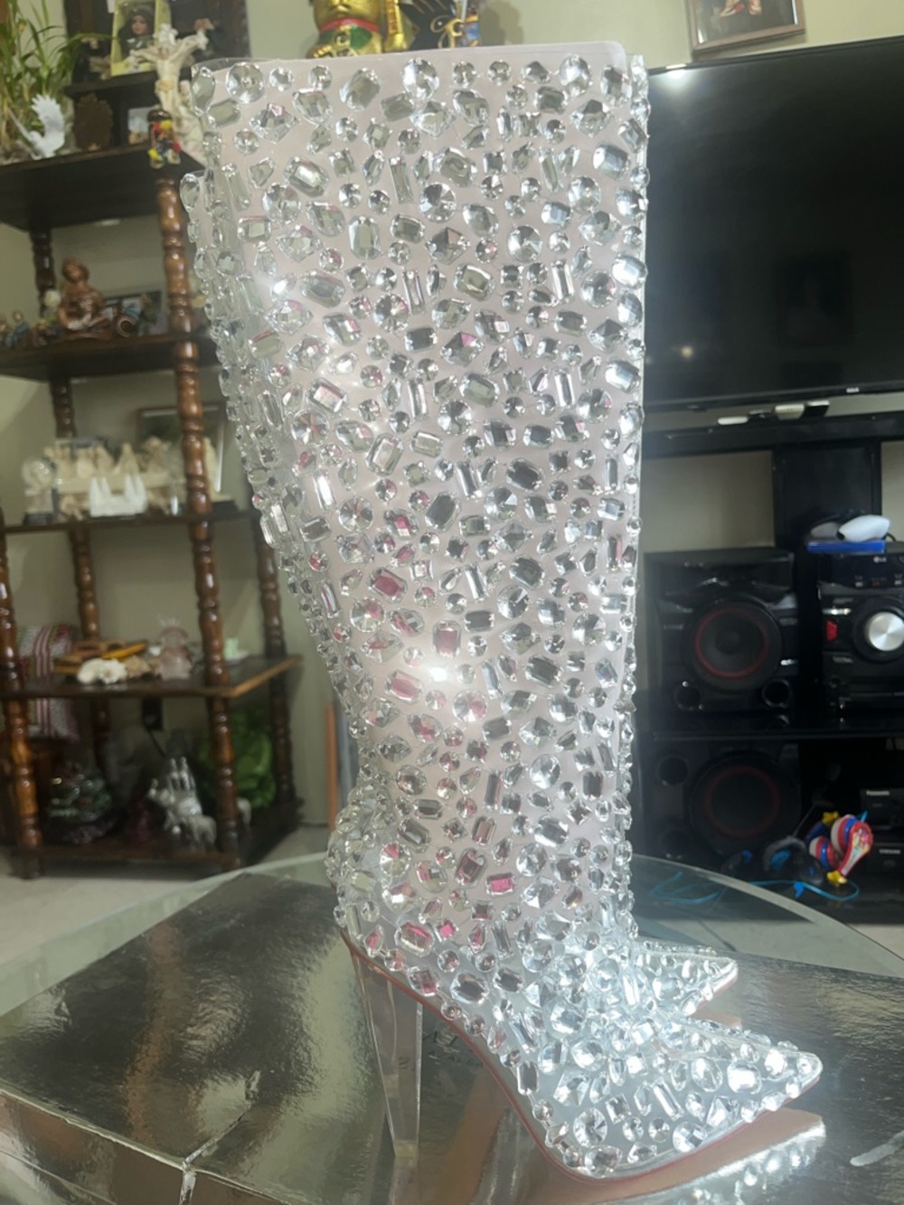 Brand New Crystal-Studded Silver Knee-High Boots - Picture 3 of 14